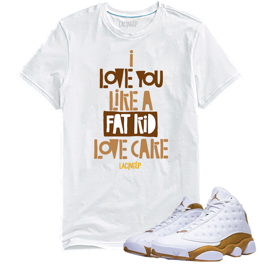 Jordan 13 wheat fat kid white tee-Lacing Up