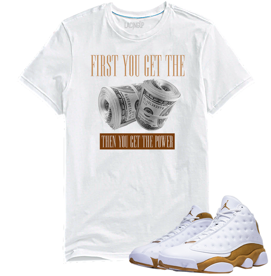 Jordan 13 wheat Power white tee-Lacing Up