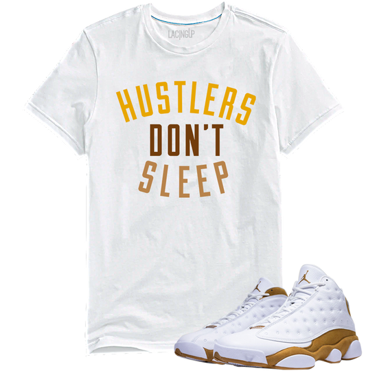 Jordan 13 wheat Hustlers white tee-Lacing Up