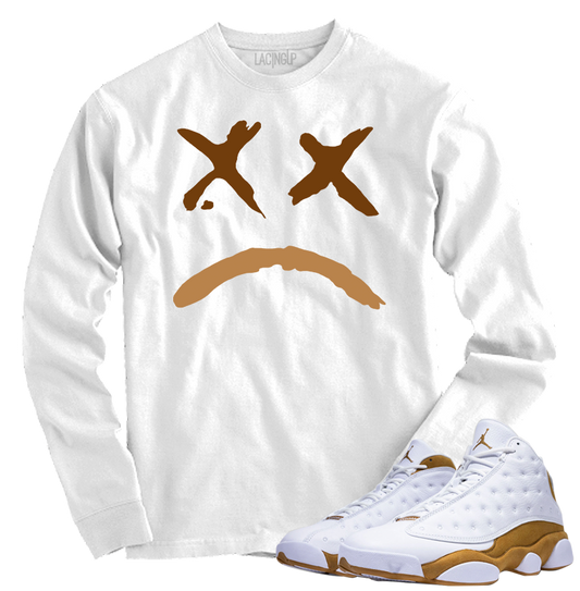 Jordan 13 wheat sad face white long sleeve tee-Lacing Up