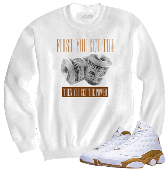Jordan 13 wheat power white crewneck sweater-Lacing Up