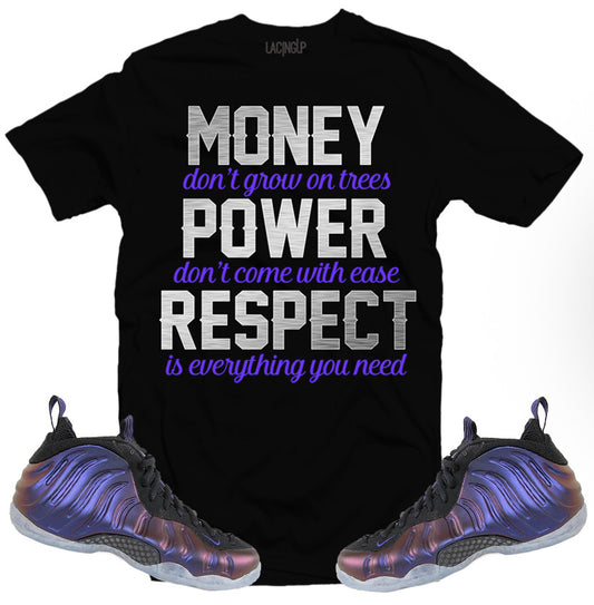 Foamposite "Eggplant" Money power respect black tee-Lacing Up