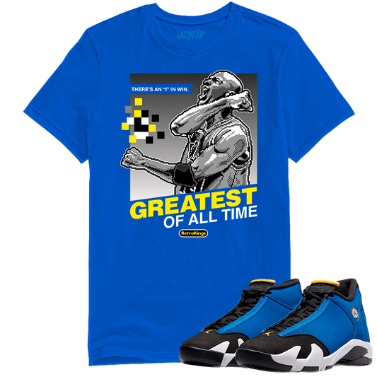 Jordan 14 laney goat royal tee-Lacing Up