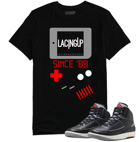Jordan 2 Black Cement gameboy black tee-Lacing Up