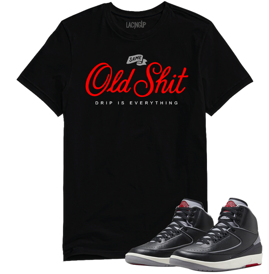 Jordan 2 Black Cement old shit black tee-Lacing Up