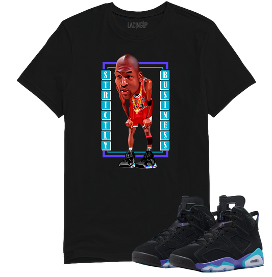 Jordan 6 Aqua Strictly Business black tee-Lacing Up