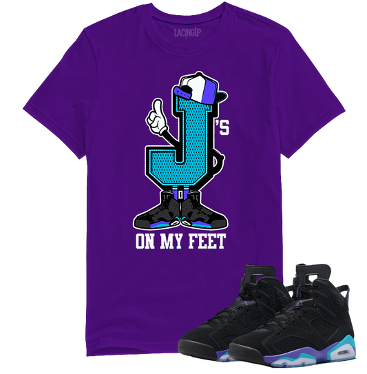 Jordan 6 Aqua On-Foot | Purple Tee Shirt | SneakerOutfits