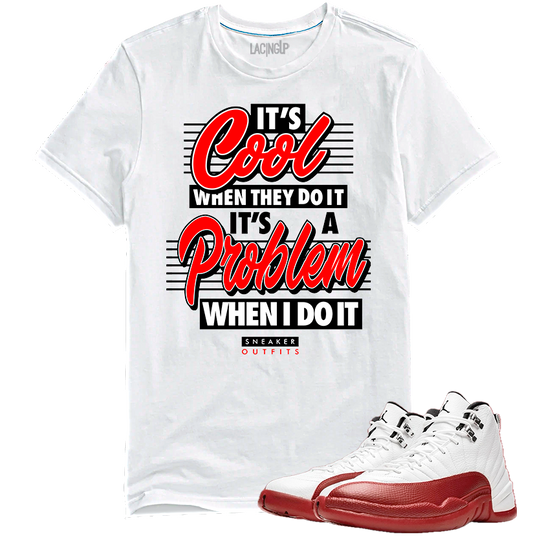 Jordan 12 Cherry problem white tee-Lacing Up