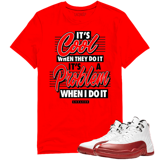 Jordan 12 Cherry Problem red tee-Lacing Up