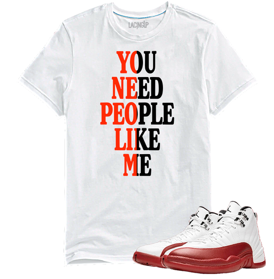Jordan 12 Cherry people like me white tee-Lacing Up