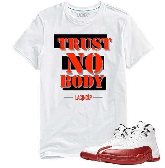 Jordan 12 Cherry trust nobody white tee-Lacing Up