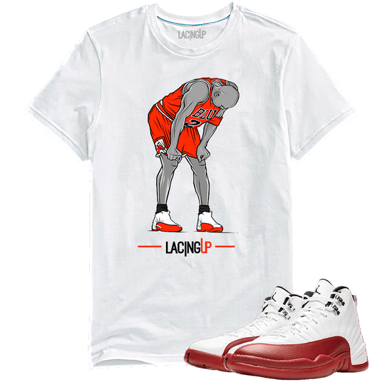 Jordan 12 Cherry flu game white tee-Lacing Up