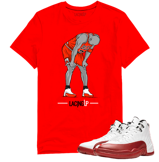 Jordan 12 Cherry Flu game red tee-Lacing Up