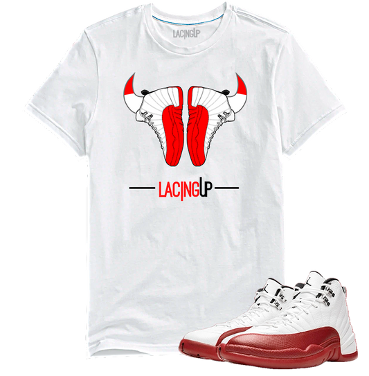 Jordan 12 Cherry horns white tee-Lacing Up