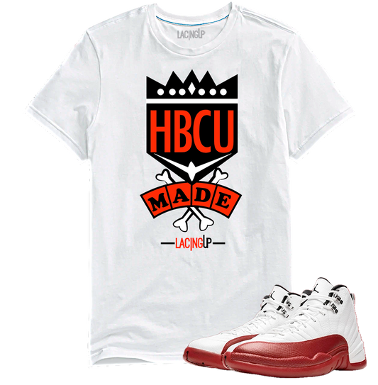 Jordan 12 Cherry HBCU made white tee-Lacing Up