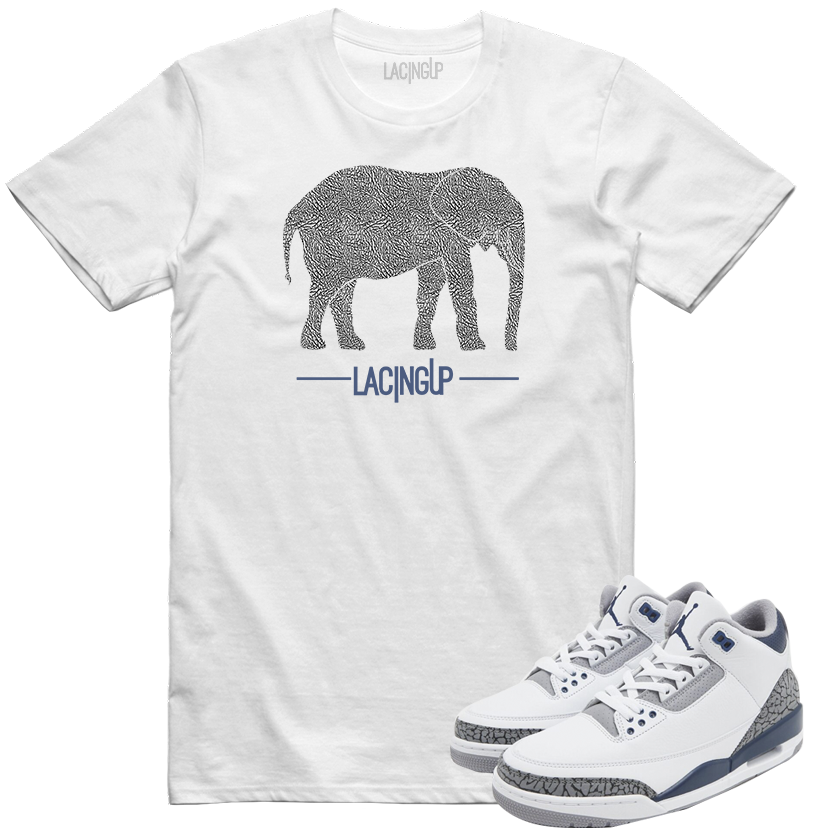 Jordan 3 white navy cement Elephant print white tee-Lacing Up