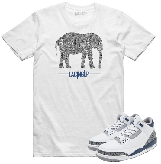 Jordan 3 white navy cement Elephant print white tee-Lacing Up