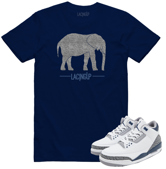 Jordan 3 white navy cement Elephant print navy tee-Lacing Up