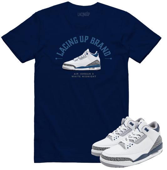 Jordan 3 white navy cement Lacing Up Brand print navy tee-Lacing Up