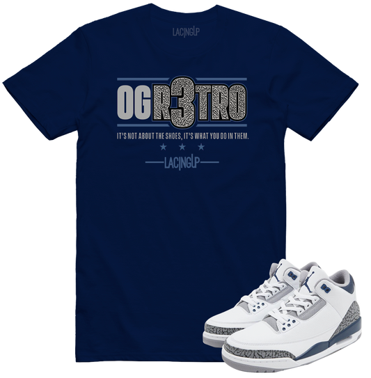 Jordan 3 white navy cement OGR3TRO navy tee-Lacing Up
