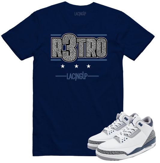 Jordan 3 white navy cement R3TRO navy tee-Lacing Up