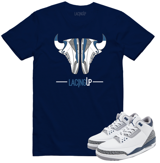 Jordan 3 white navy cement horns navy tee-Lacing Up
