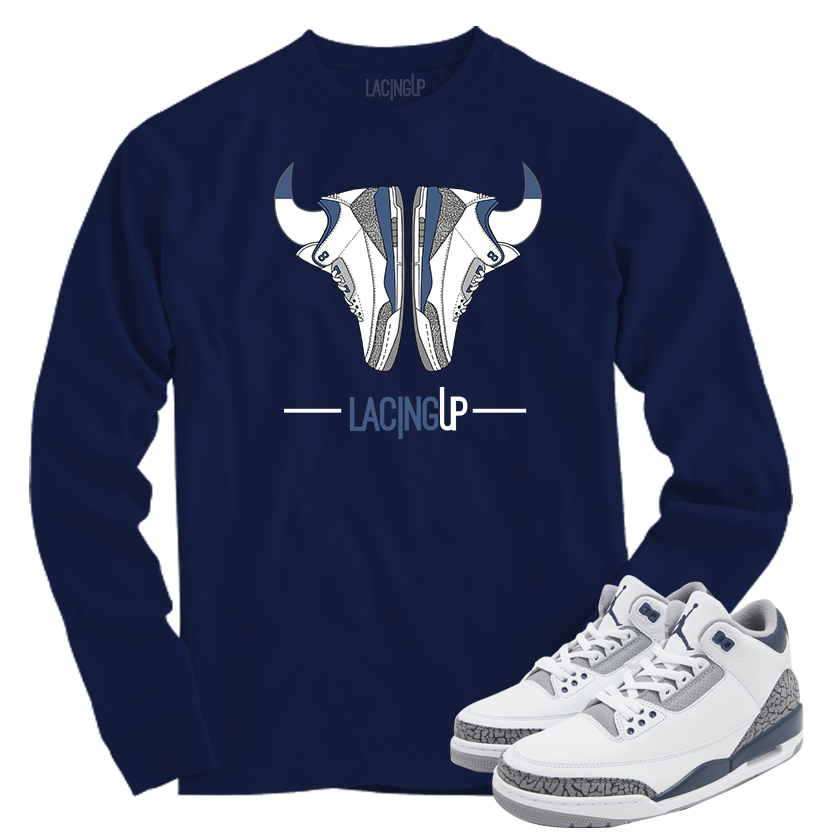 Jordan 3 white navy cement horns navy long sleeve tee-Lacing Up