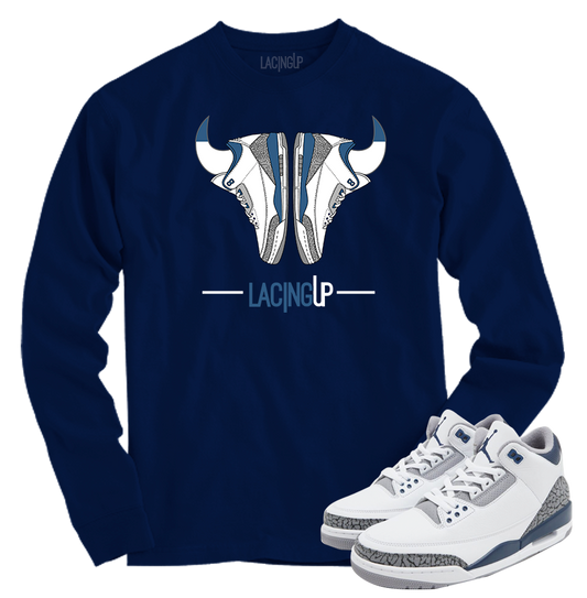 Jordan 3 white navy cement horns navy long sleeve tee-Lacing Up