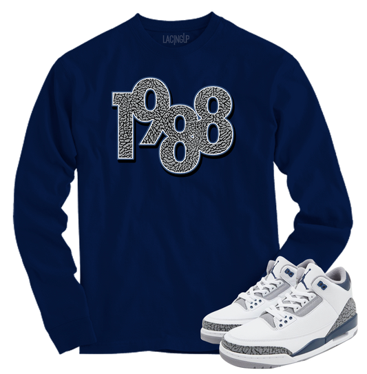 Jordan 3 white navy cement 1988 navy longsleeve tee-Lacing Up