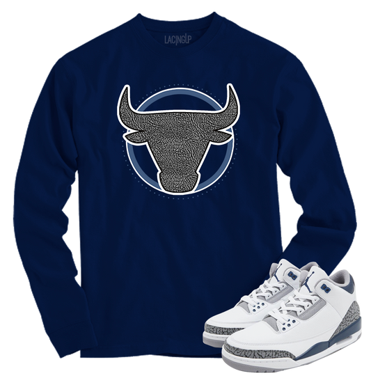 Jordan 3 white navy cement bull long sleeve tee-Lacing Up
