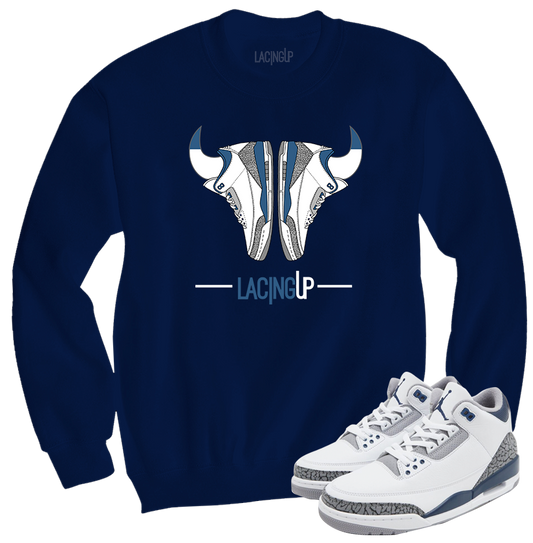 Jordan 3 white navy cement navy  horns crewneck sweater-Lacing Up