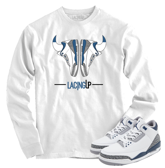 Jordan 3 white navy cement horns white long sleeve tee-Lacing Up