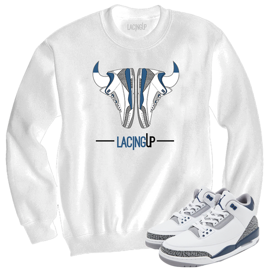 Jordan 3 white navy cement navy horns crewneck sweater-Lacing Up