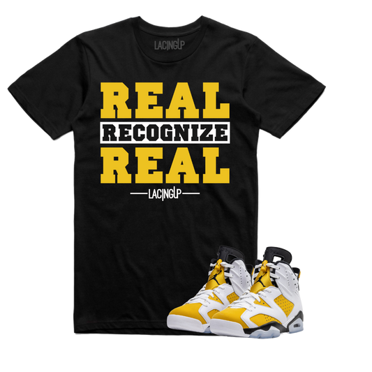 Jordan 6 Yellow Ochre real black tee-Lacing Up