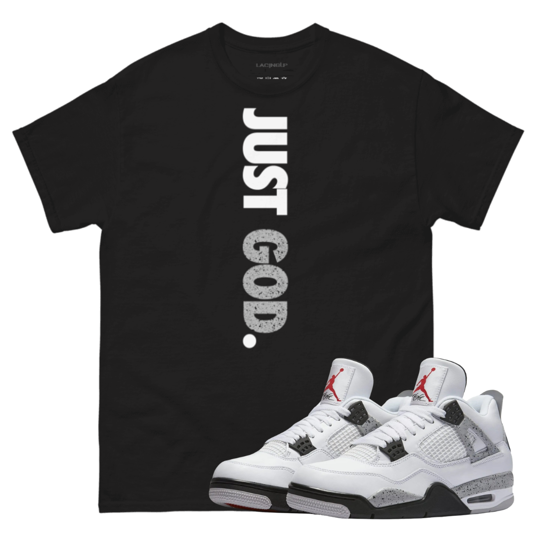 Jordan  4 white cement just god black tee