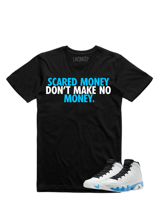 Jordan 9 Powder Blue scared money black tee-Lacing Up