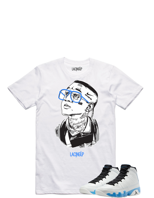 Jordan 9 Powder Blue urkel white tee-Lacing Up