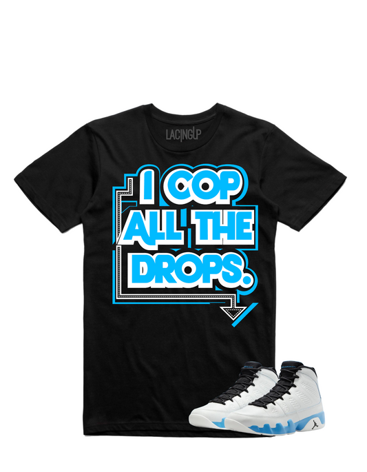 Jordan 9 Powder Blue drops black tee-Lacing Up