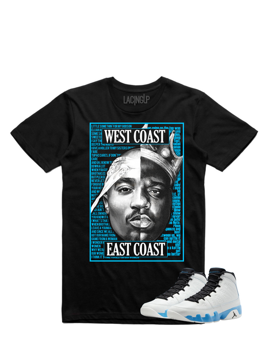 Jordan 9 Powder Blue west vs east black tee-Lacing Up