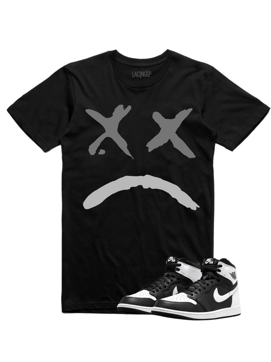 Jordan 1 Reverse Panda sad face black tee-Lacing Up