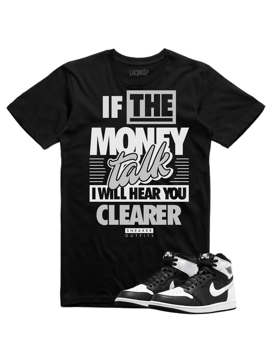 Jordan 1 Reverse Panda money talk black tee-Lacing Up
