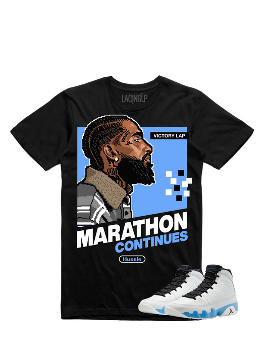 Jordan 9 Powder Blue marathon black tee-Lacing Up
