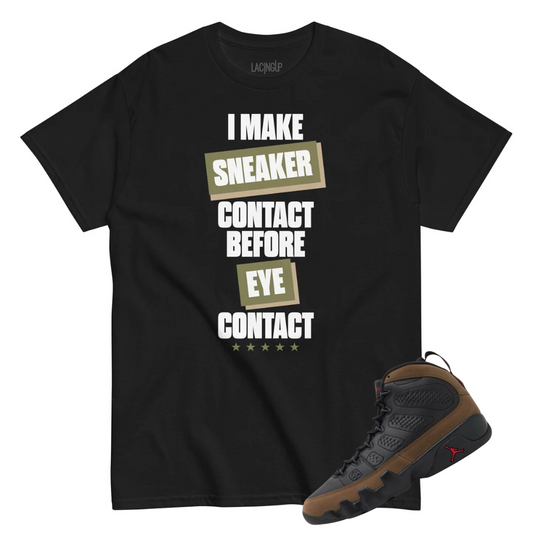 Jordan 9 Olive sneaker contact black tee