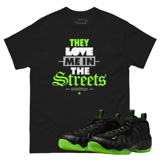 Air Foamposite One black volt streets black tee