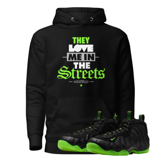 Air Foamposite One black volt streets black hoodie