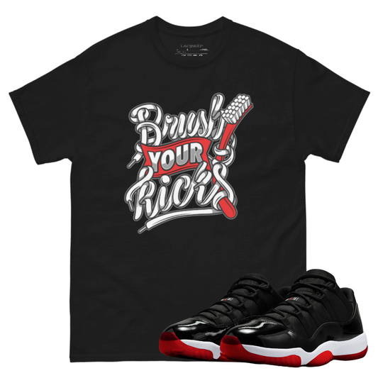 Jordan 11 low bred brush your kicks black t-shirt