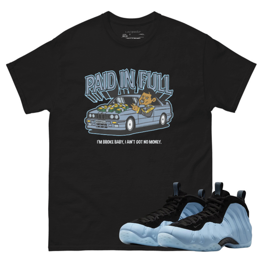 Air foamposite psychic blue paid in full black tee