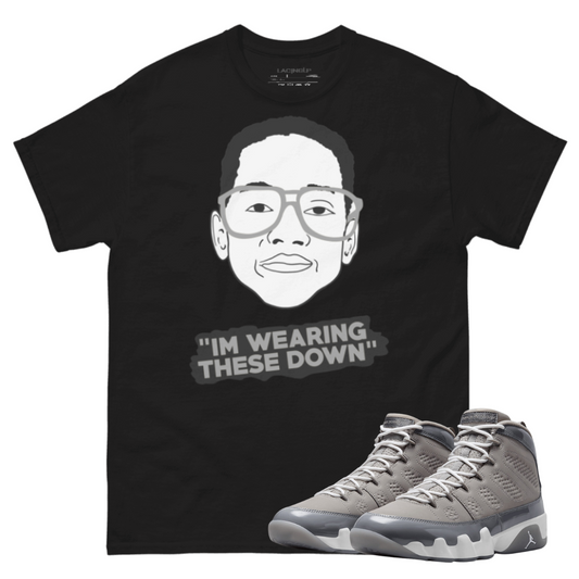 Jordan 9 Cool Grey wearing black t-shirt