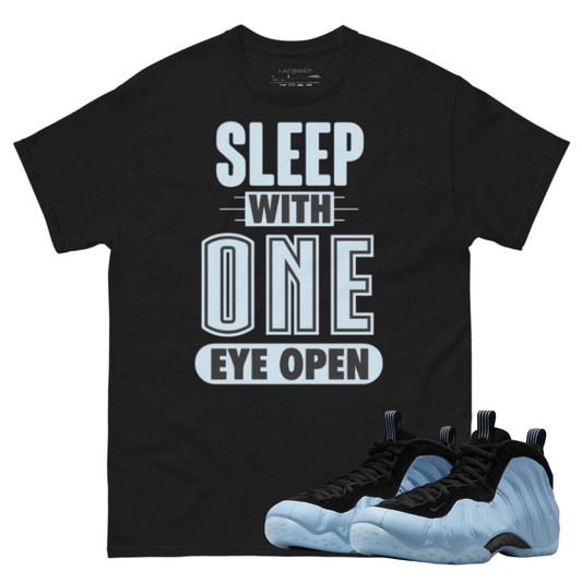 Air foamposite one psychic blue one eye open black tee