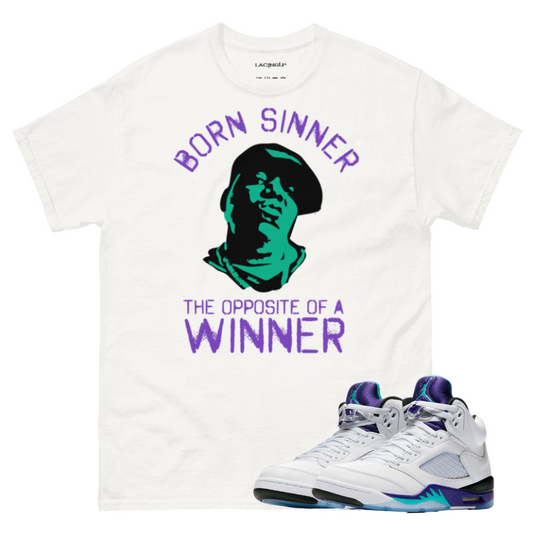 Jordan 5 Grape Born sinner white t-shirt